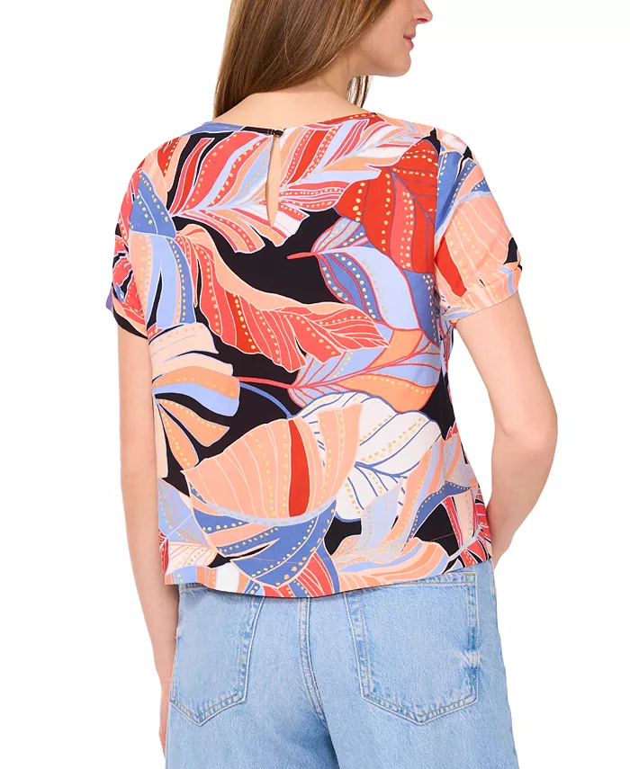 Alfani Vince Camuto Women's Tropical-Print Round-Neck Keyhole-Back Cuff-Sleeve Top XS-3X Women's Fashion Shoes & Accessories