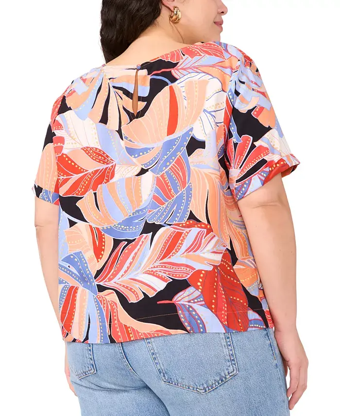 Alfani Vince Camuto Women's Tropical-Print Round-Neck Keyhole-Back Cuff-Sleeve Top XS-3X Women's Fashion Shoes & Accessories