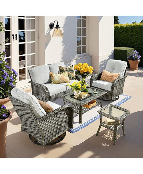 alfani Xizzi 5-Piece Outdoor Wicker Patio Furniture Set Double Resistance Rattan Rocking Chair and Coffee Table Conversation Set for Balcony Backyard and Deck with Soft Cushions and Metal Table All Outdoor & Patio