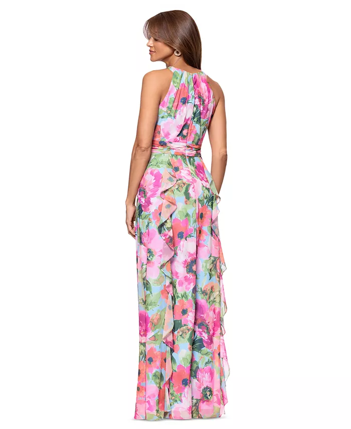 Alfani XSCAPE Women's Floral Chiffon Ruffled Tiered Halter Gown Women's Fashion Shoes & Accessories
