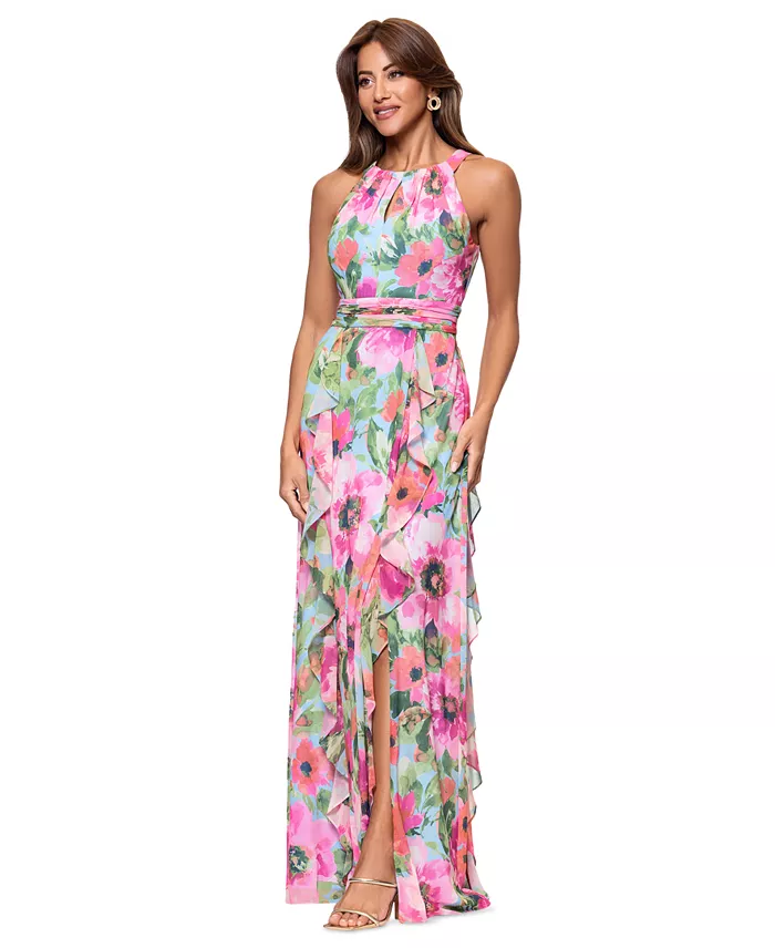Alfani XSCAPE Women's Floral Chiffon Ruffled Tiered Halter Gown Women's Fashion Shoes & Accessories