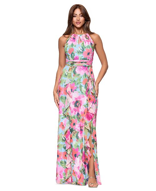 alfani XSCAPE Women's Floral Chiffon Ruffled Tiered Halter Gown Women's Fashion Shoes & Accessories
