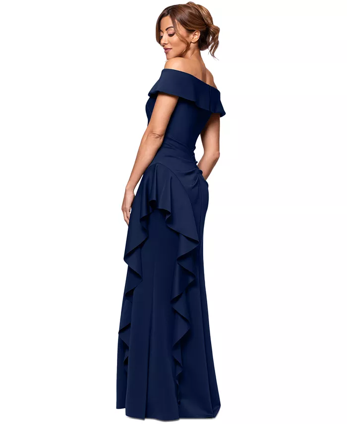 Alfani XSCAPE Women's Off-The-Shoulder Ruffled Side-Slit Gown Women's Fashion Shoes & Accessories