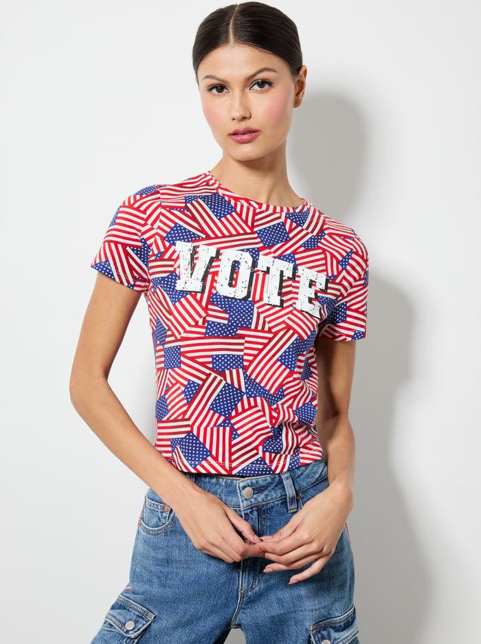 alice & olivia A+O X I AM A VOTER® CINDY CROPPED TEE STRIPES FOREVER