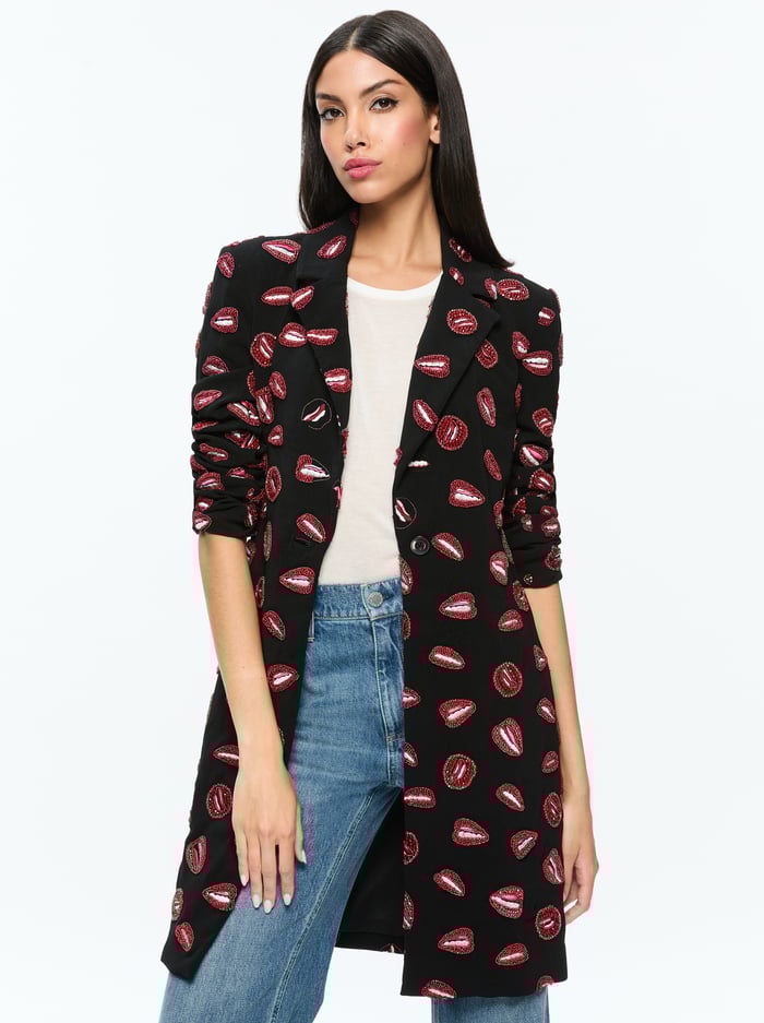 alice & olivia A+O X TOM WESSELMANN BRET LONG BLAZER LIP SYNC BLACK