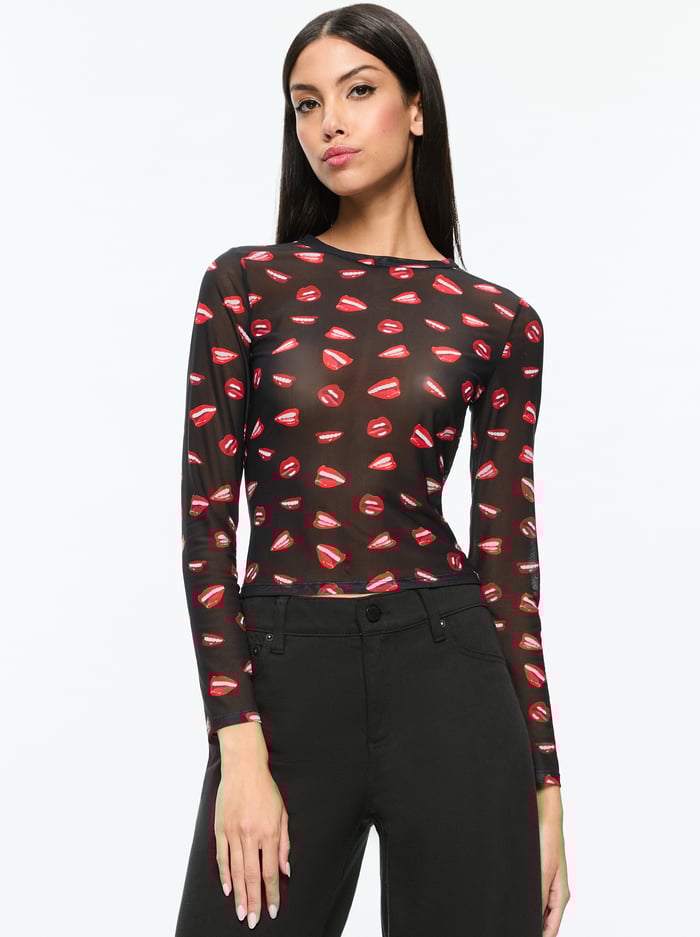 alice & olivia A+O X TOM WESSELMANN DELAINA MESH LONG SLEEVE TOP LIP SYNC BLACK