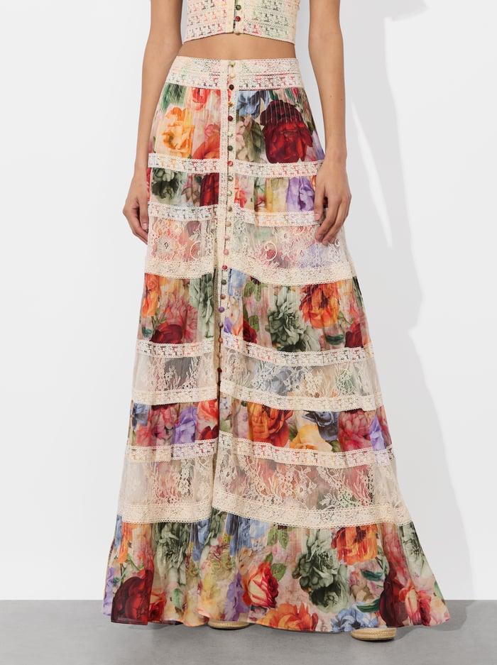 alice & olivia ADIRA TIERED MAXI SKIRT STORM FLORAL SM