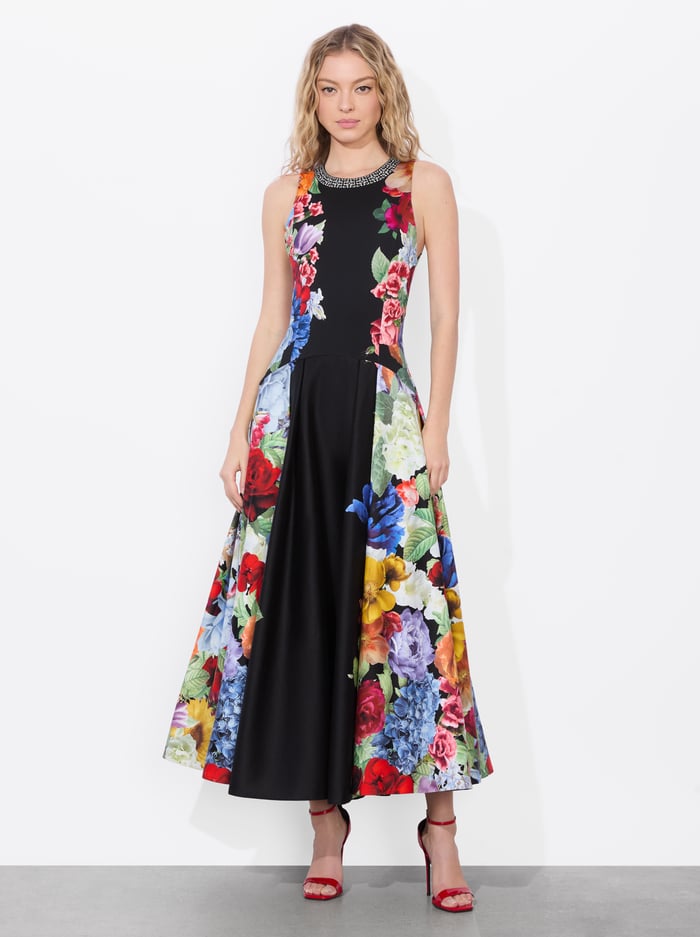 alice & olivia ADLEY DROP WAIST MIDI DRESS GARDEN BRUNCH BLACK