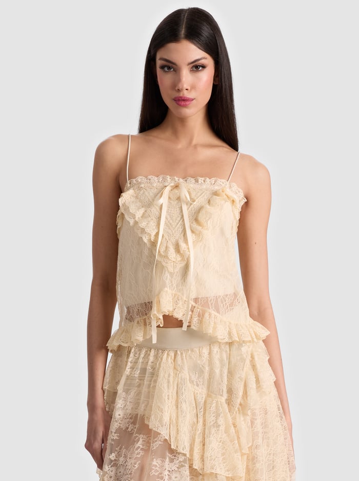 alice & olivia ALESSIA LACE TOP BISCOTTI