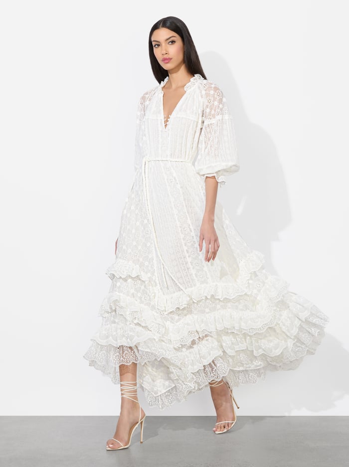 alice & olivia ALYCEN EYELET MAXI DRESS OFF WHITE
