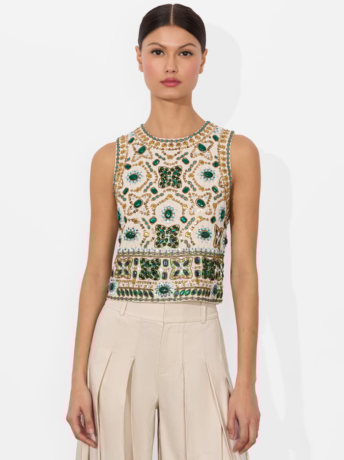 alice & olivia AMAL EMBELLISHED TANK OFF WHITE MULTI