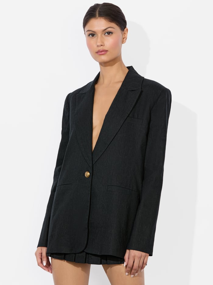 alice & olivia BILLIE BOXY LINEN BLAZER BLACK