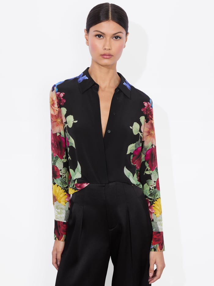 alice & olivia BRADY SILK BLOUSE GARDEN BRUNCH BLACK