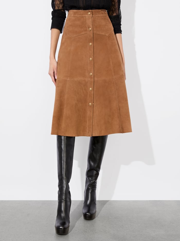 alice & olivia CALICA SUEDE MIDI SKIRT CAMEL
