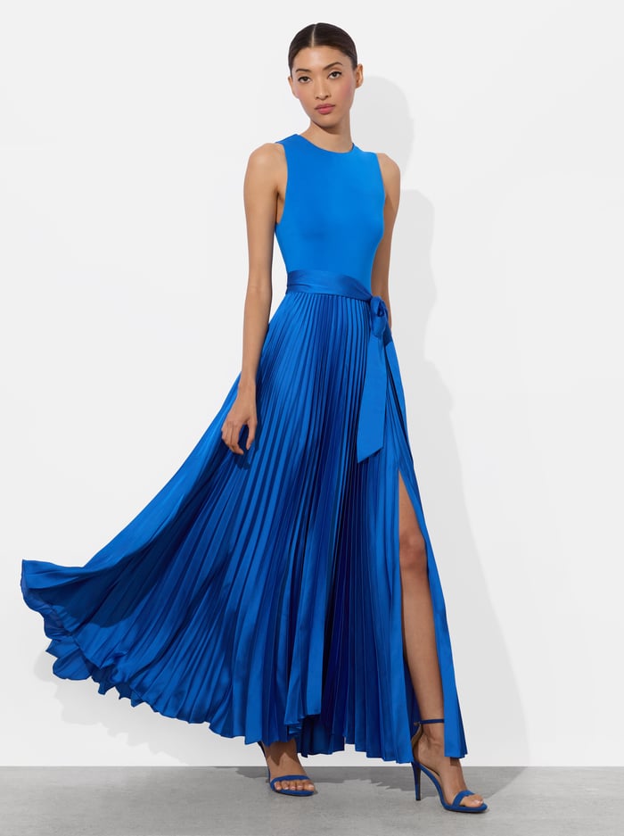 alice & olivia CHARA PLEATED MAXI DRESS TRUE BLUE