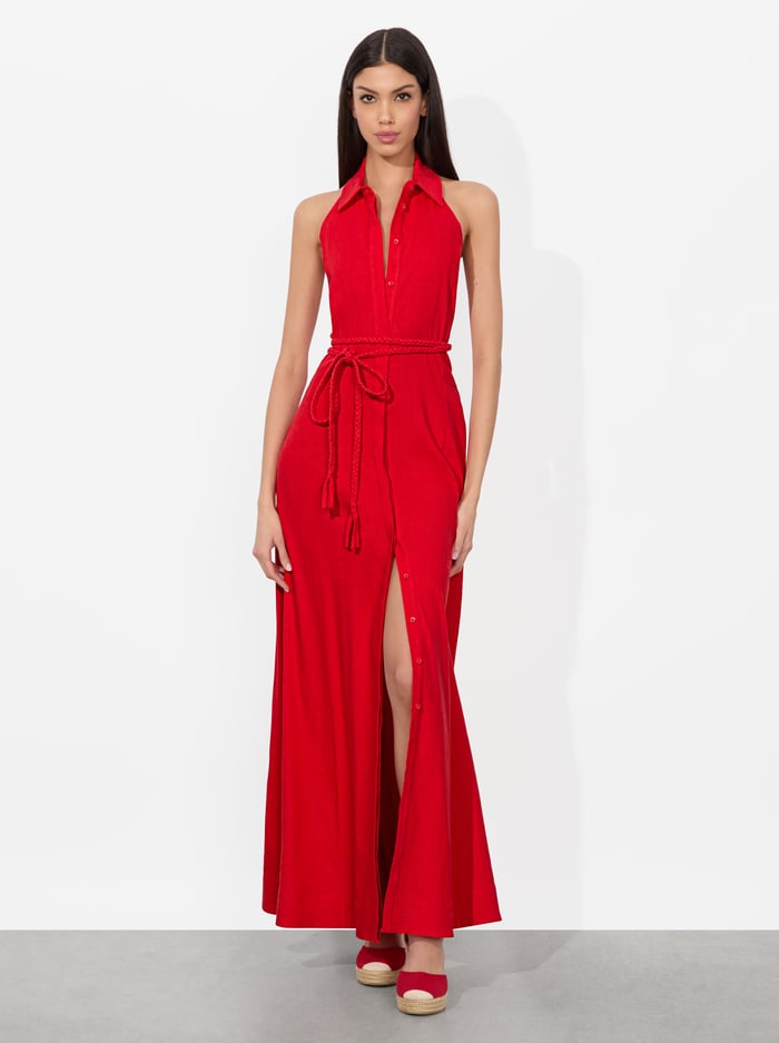 alice & olivia CHASSIDY LINEN MAXI DRESS BRIGHT RUBY
