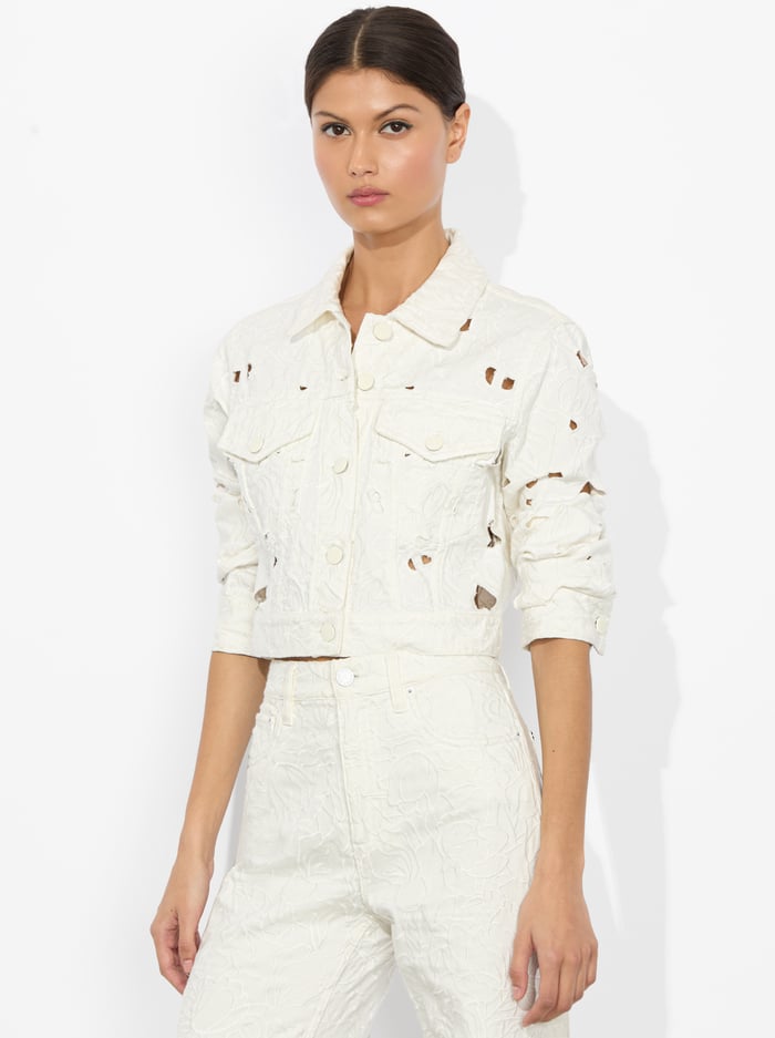 alice & olivia CHLOE EYELET DENIM JACKET OFF WHITE