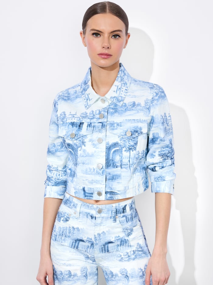 alice & olivia CHLOE PRINTED DENIM JACKET CHATEAU