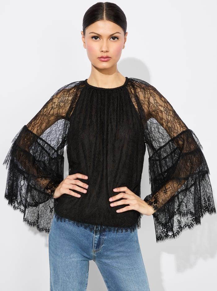 alice & olivia DELIA RUFFLED TUNIC TOP BLACK