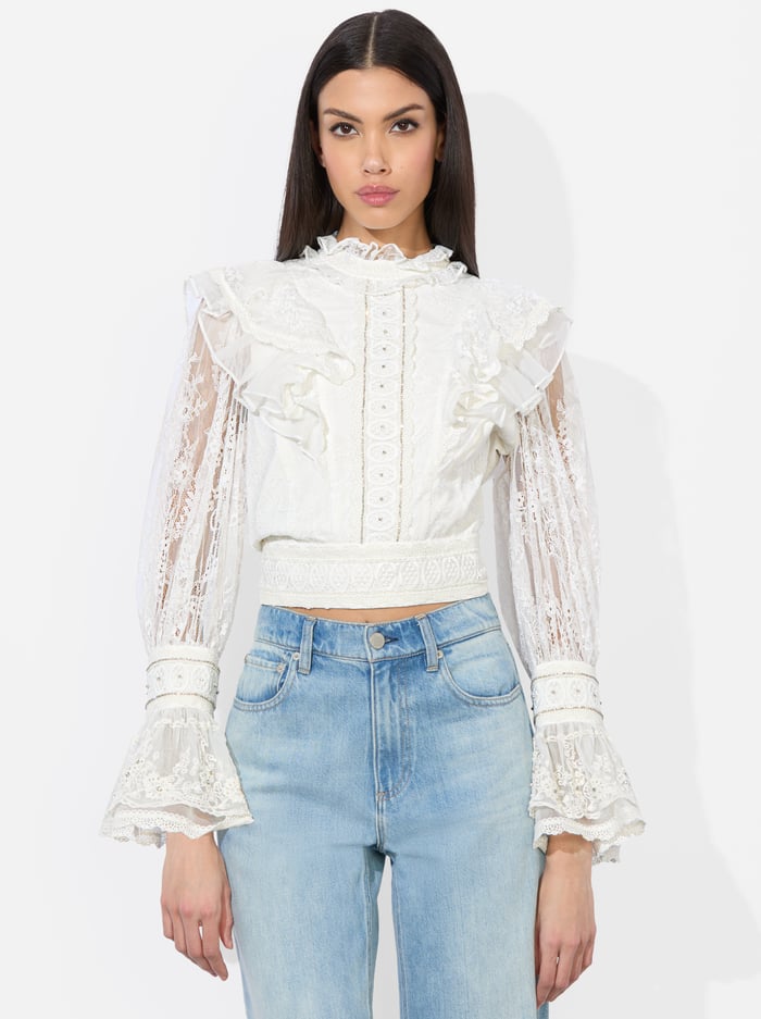 alice & olivia DELPHA EMBELLISHED TOP OFF WHITE