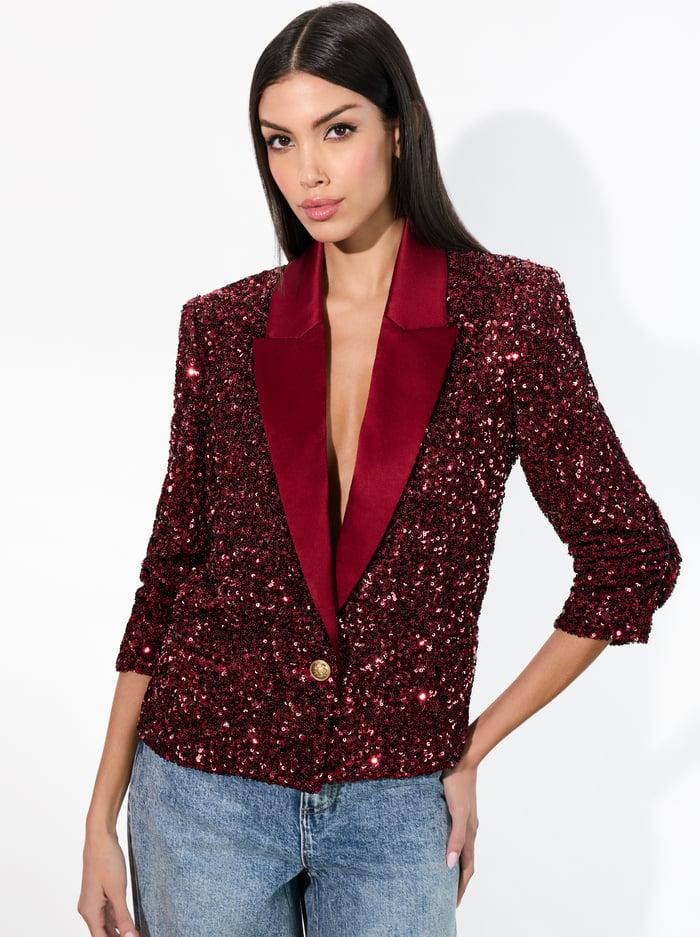alice & olivia DEVYN SEQUIN BLAZER GARNET