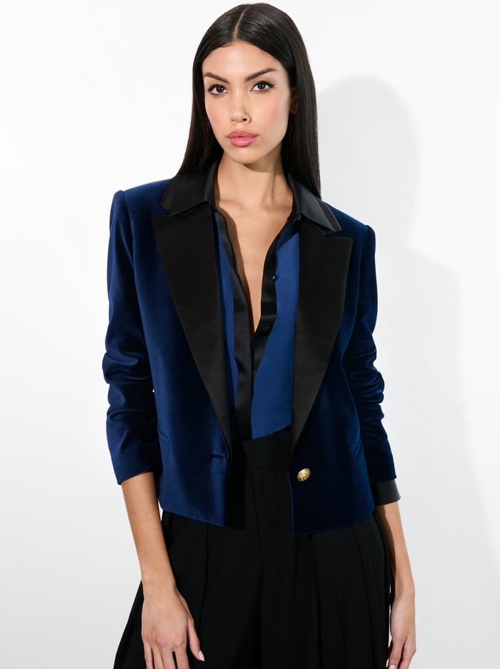 alice & olivia DEVYN VELVET BLAZER MIDNIGHT BLUE