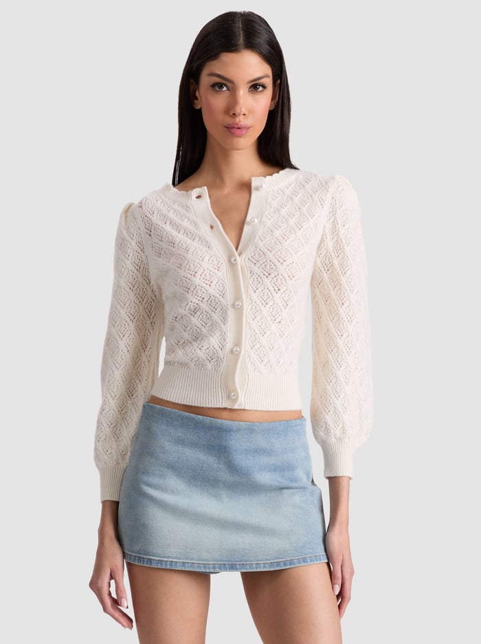 alice & olivia DORIS POINTELLE CARDIGAN ECRU
