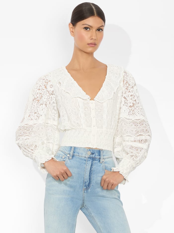alice & olivia DOVE RUFFLED CROP TOP OFF WHITE