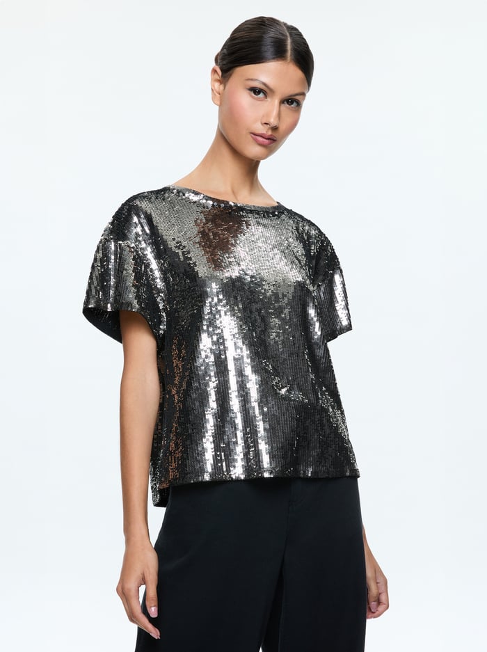 alice & olivia EVAN SEQUIN OVERSIZED TEE GUNMETAL