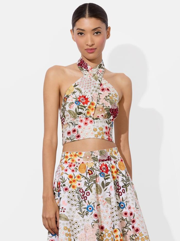 alice & olivia EVELINA CROP TOP OFF WHITE/MULTI