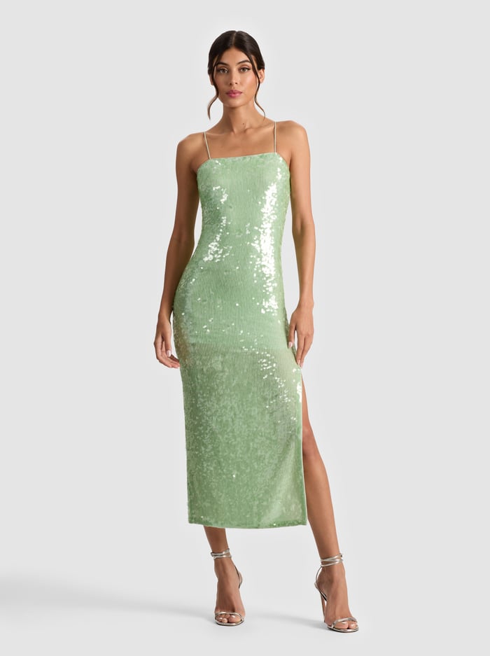 alice & olivia FIFI SEQUIN MIDI DRESS GREEN TEA