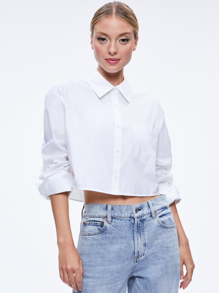 alice & olivia FINELY CROPPED BUTTON DOWN OFF WHITE