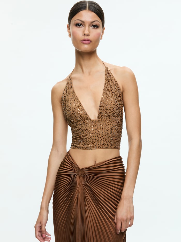 alice & olivia HANNAH EMBELLISHED TOP TAN/CRYSTAL
