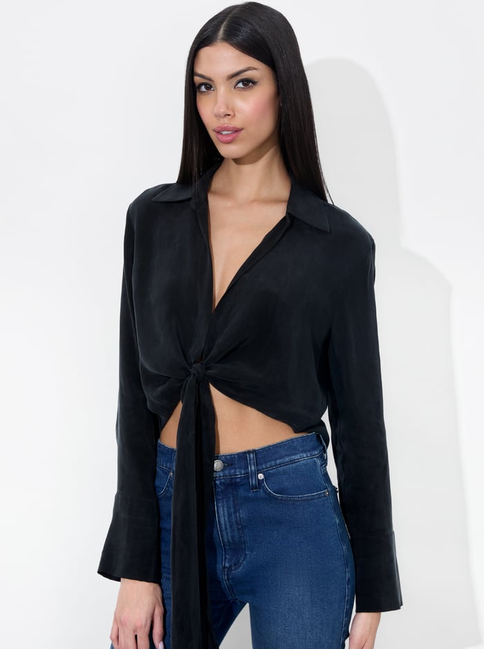 alice & olivia HANNON TIE FRONT BLOUSE BLACK