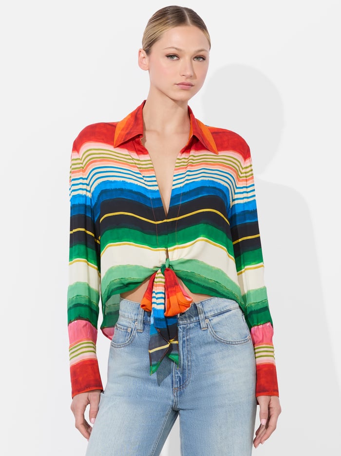 alice & olivia HANNON TIE FRONT BLOUSE RAINBOW REEF