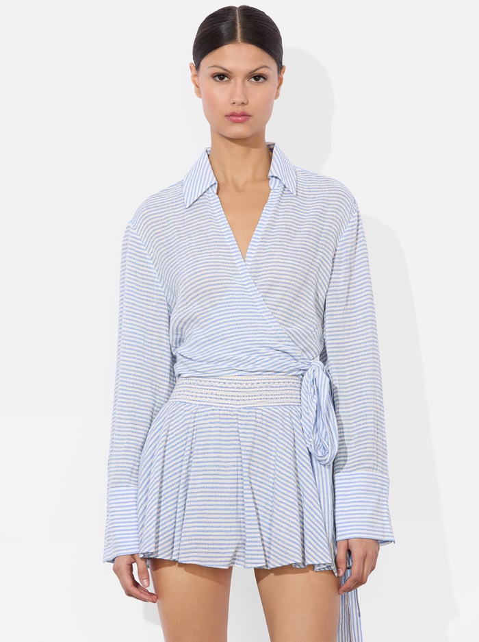 alice & olivia HANNON WRAP TOP OFF WHITE/BLUE
