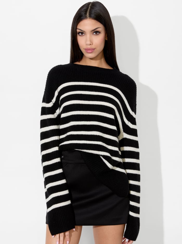 alice & olivia HAROLD STRIPED PULLOVER BLACK/ECRU