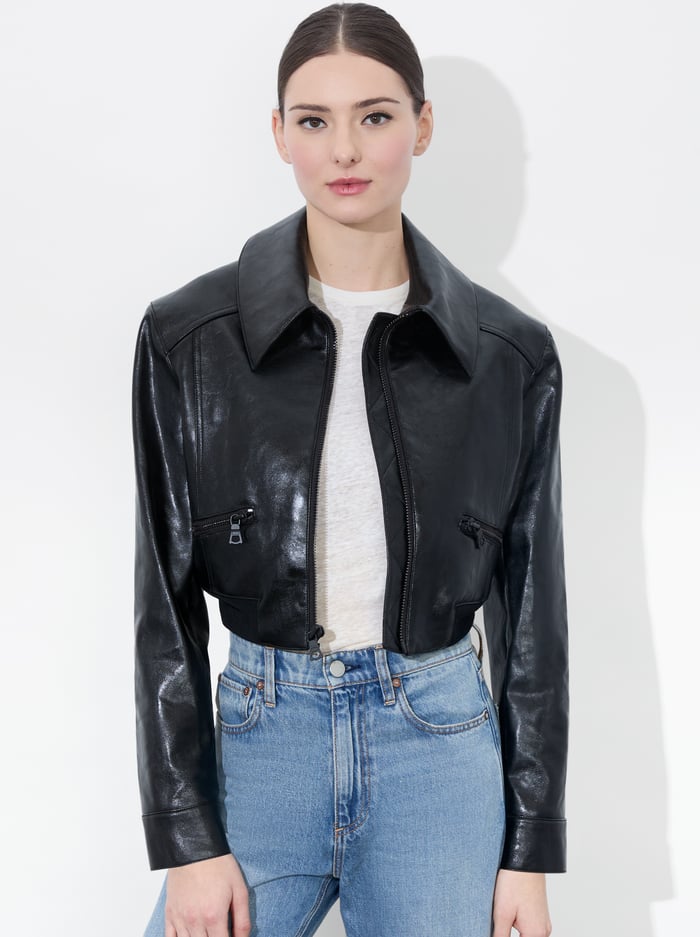 alice & olivia HYDE CROPPED VEGAN JACKET BLACK