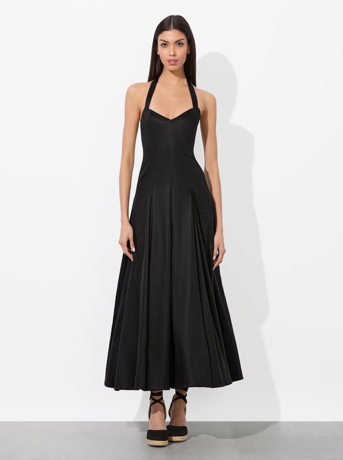 alice & olivia ISABELLE FLARED MIDI DRESS BLACK