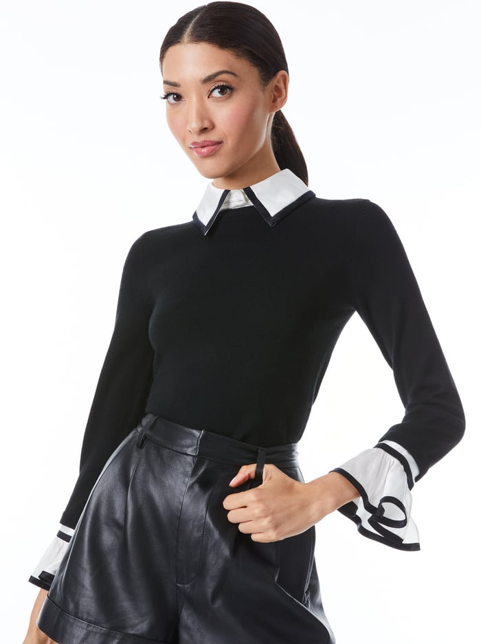 alice & olivia JUSTINA COLLARED SWEATER BLACK COMBO