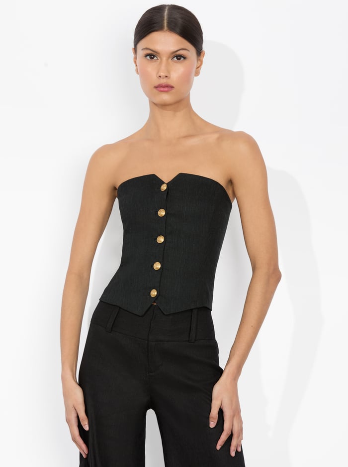 alice & olivia KELCEY STRAPLESS LINEN VEST BLACK