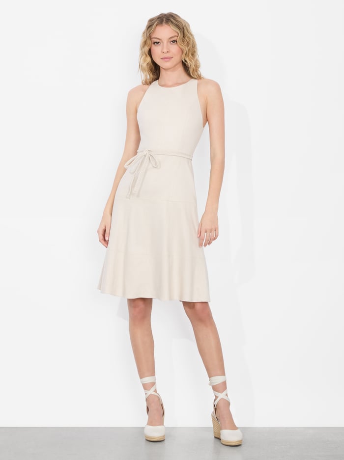 alice & olivia LEANDRA LINEN MIDI DRESS OATMEAL