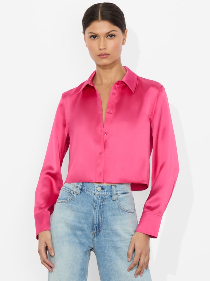 alice & olivia LEON CROPPED BUTTON DOWN RASPBERRY