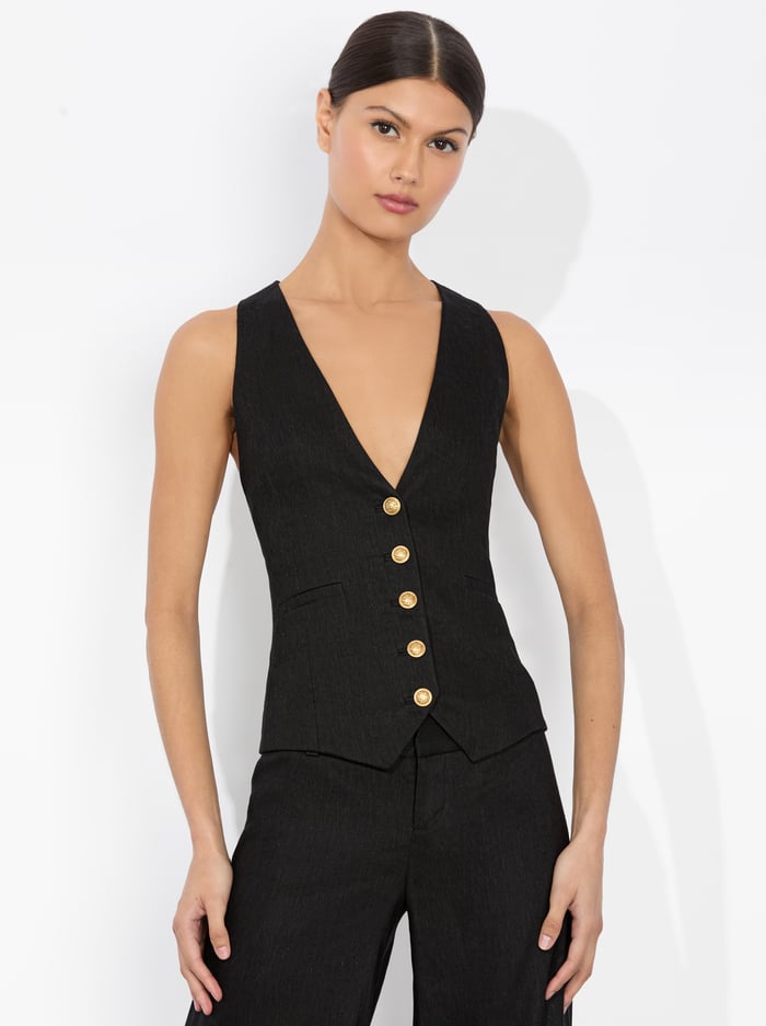 alice & olivia MAZIE LINEN VEST BLACK