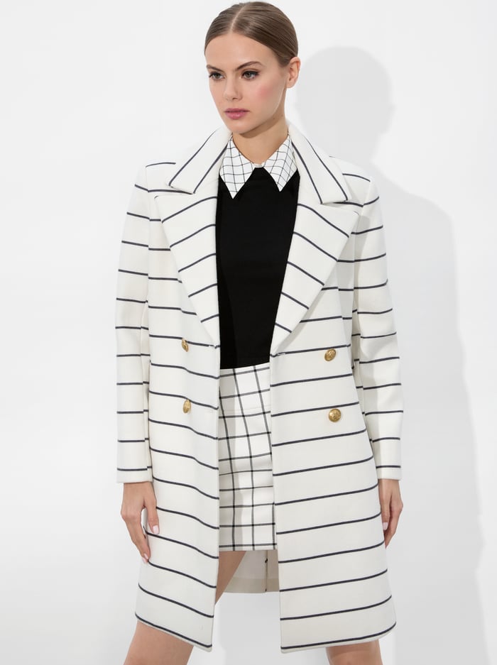 alice & olivia MOORE MIDI PEACOAT OFF WHITE/BLACK