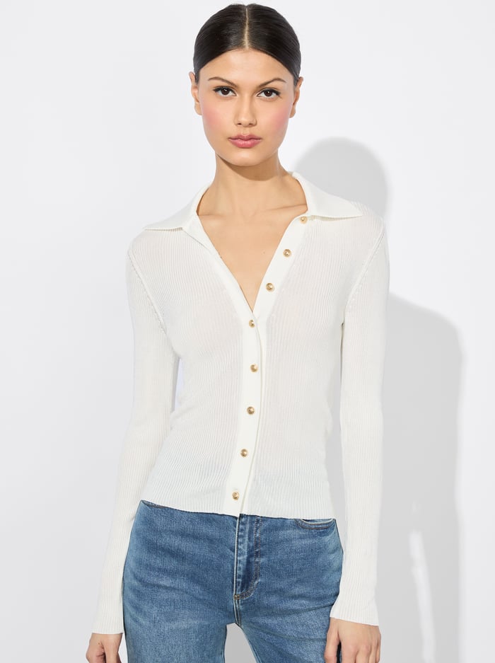 alice & olivia NEALIE RIBBED POLO SOFT WHITE