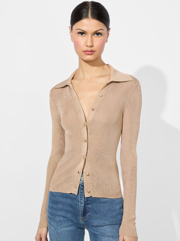 alice & olivia NEALIE RIBBED POLO SOFT WHITE