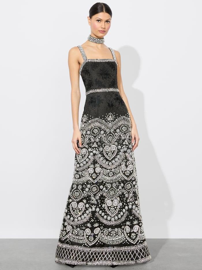 alice & olivia PAIGE MAXI GOWN BLACK/MULTI