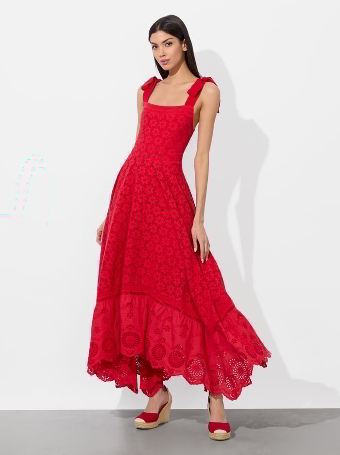 alice & olivia ROSALEE EYELET MAXI DRESS BRIGHT RUBY