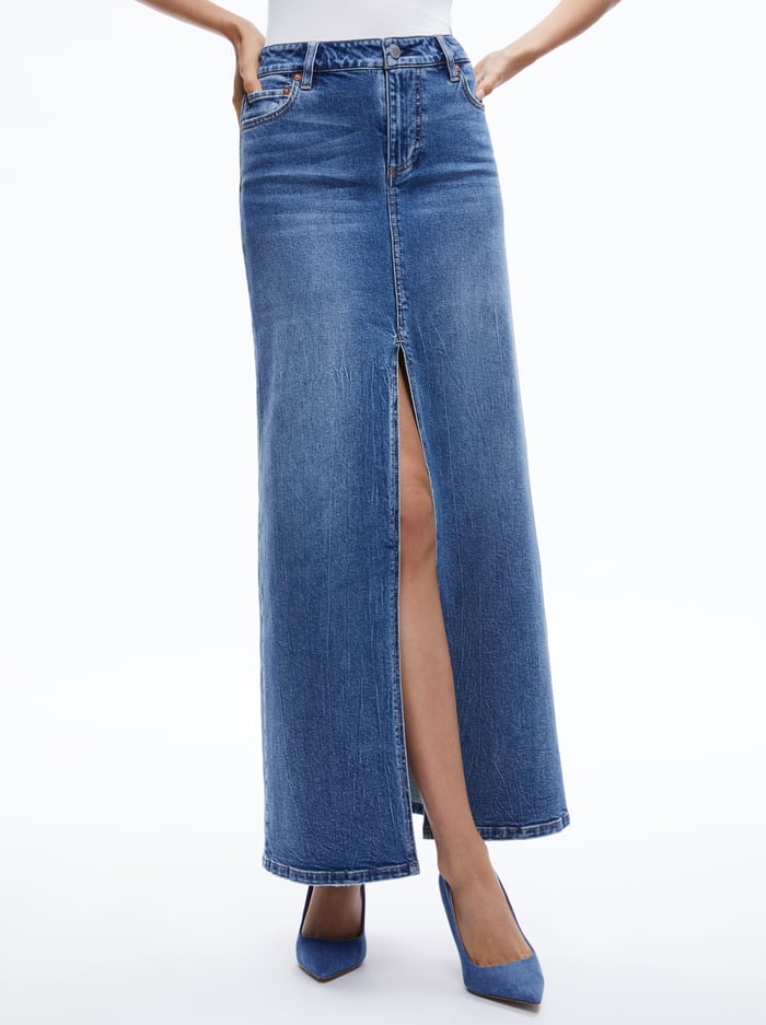 alice & olivia RYE DENIM MAXI SKIRT BROOKLYN BLUE